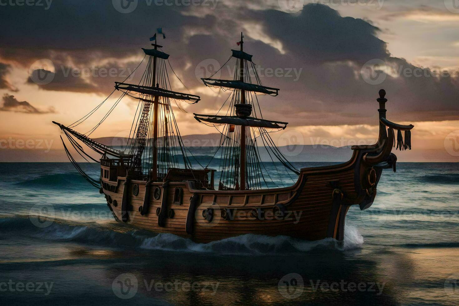 a wooden ship in the ocean at sunset. AI-Generated photo