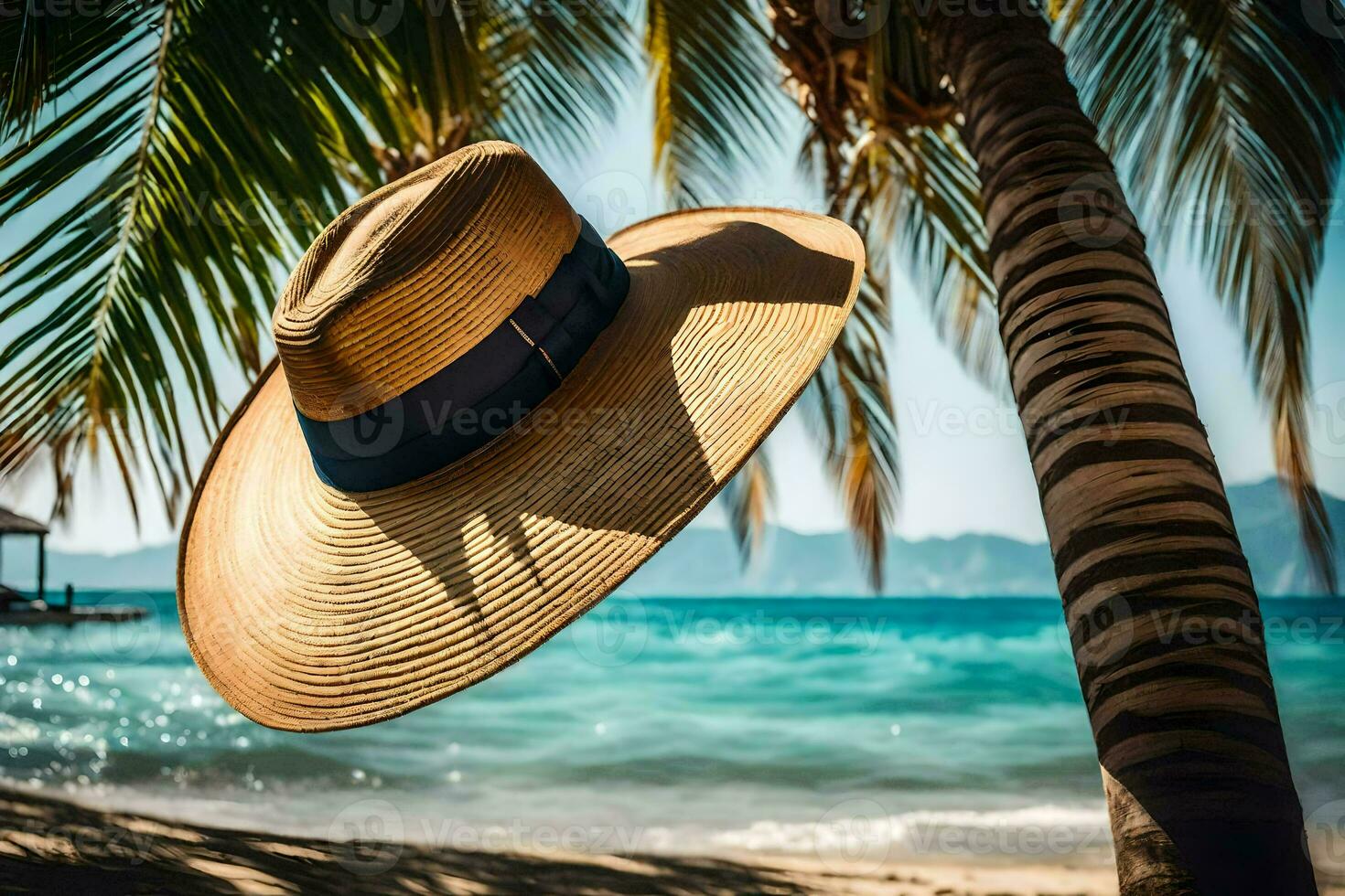 a hat is hanging on a palm tree near the beach. AI-Generated photo