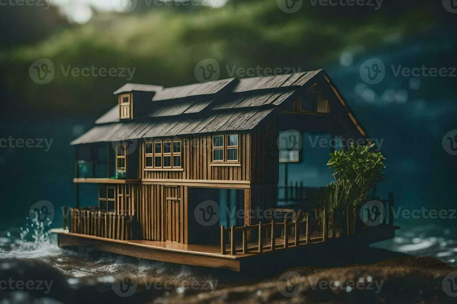 un miniatura casa flotante en el agua. generado por ai foto