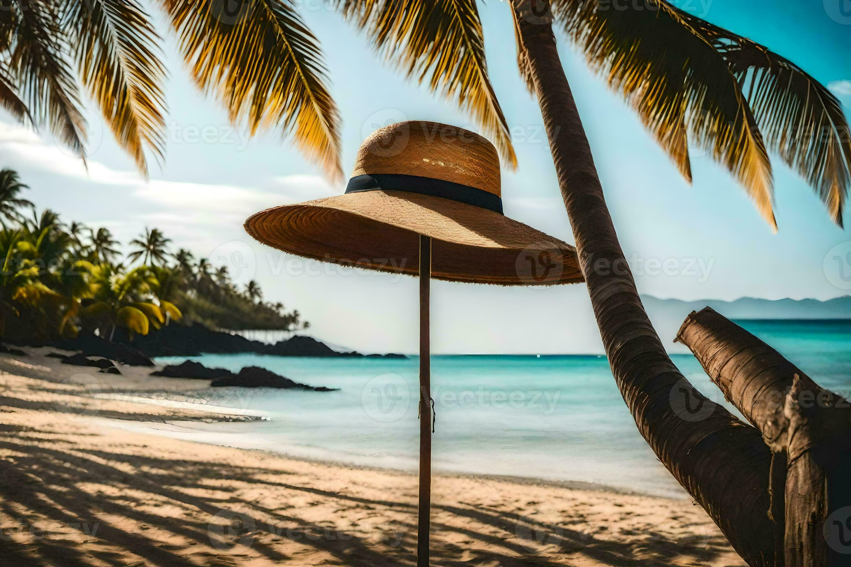 a hat on a stick on the beach. AIGenerated 30165791 Stock Photo at