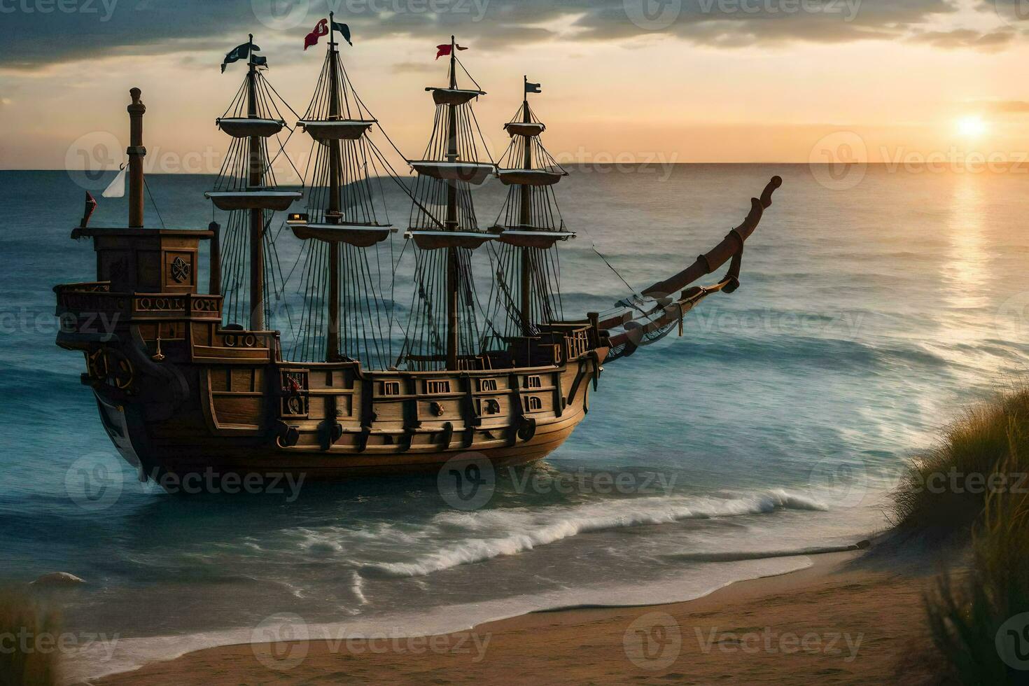 a pirate ship is on the beach at sunset. AI-Generated photo