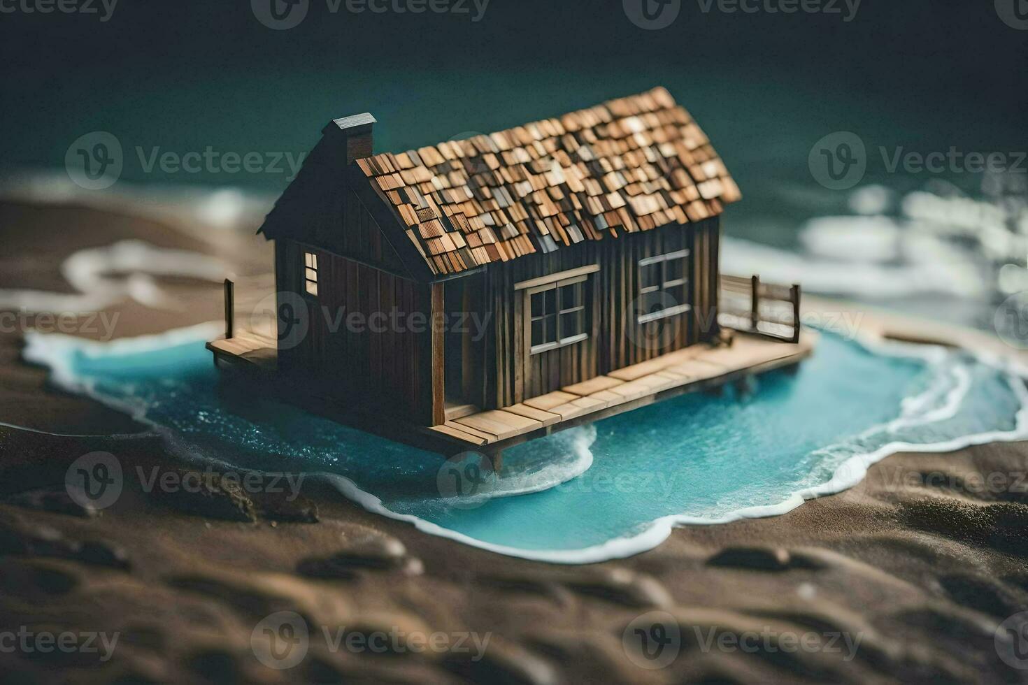 a miniature house on a small island in the ocean. AI-Generated photo