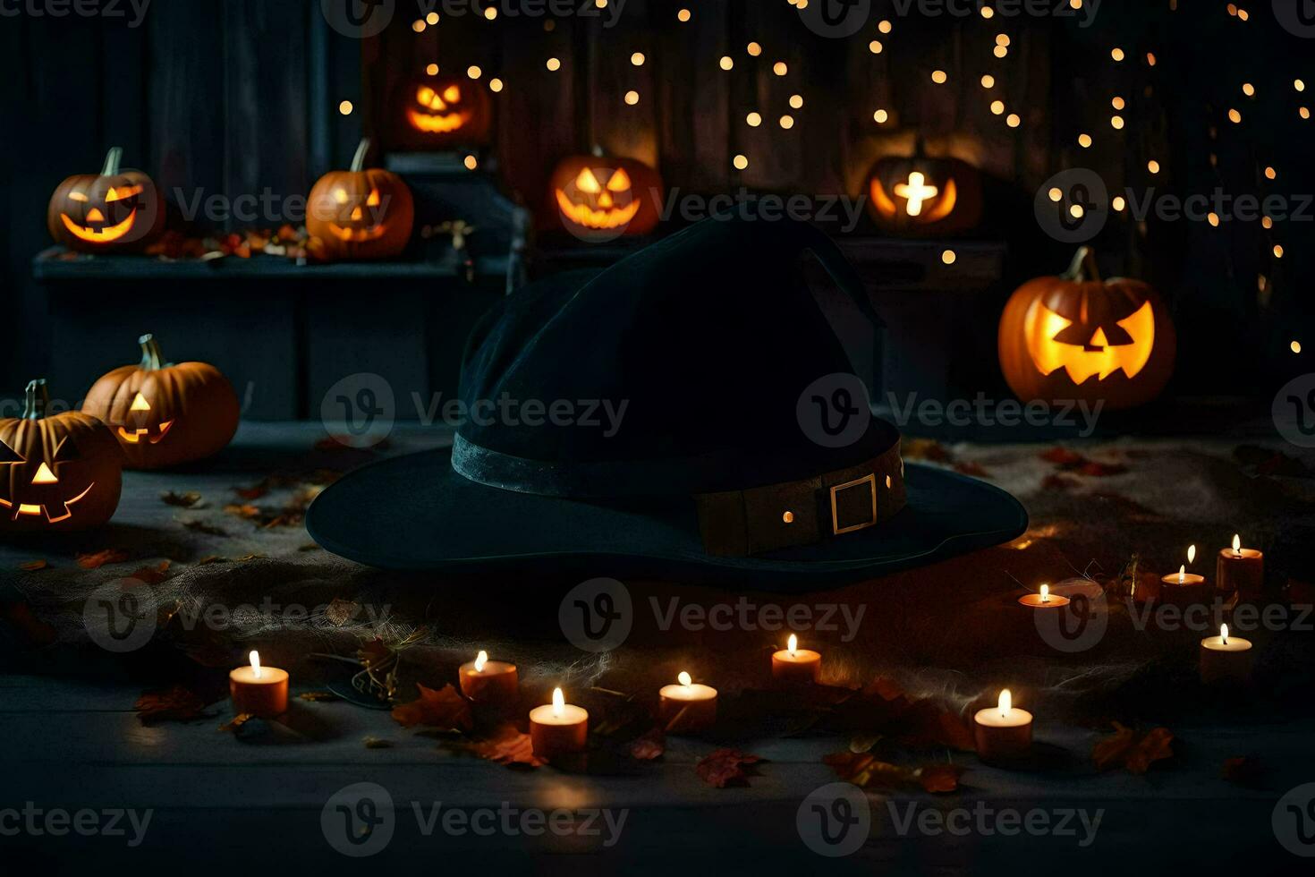 a witch hat and pumpkins surrounded by candles. AI-Generated photo