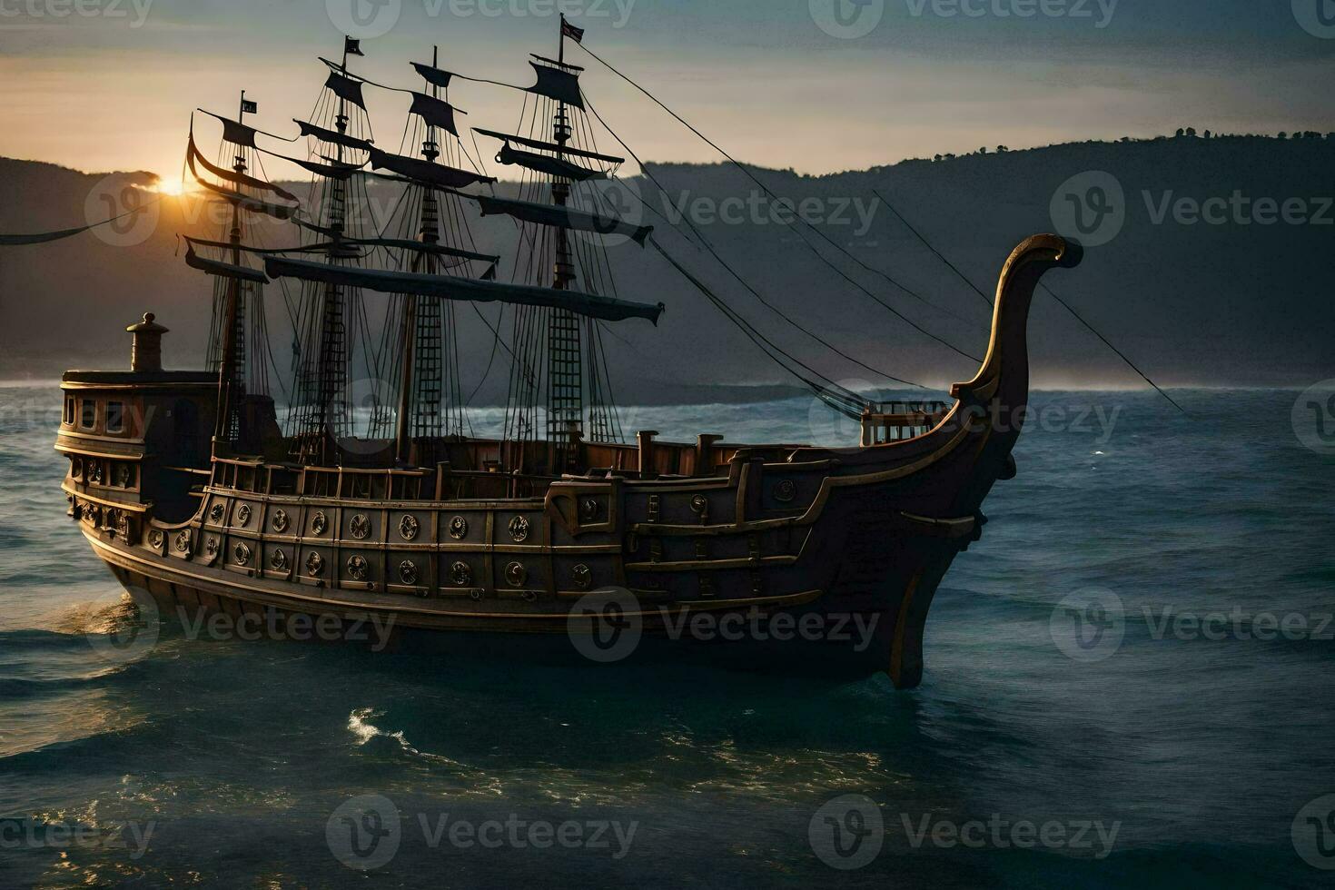 a pirate ship in the ocean at sunset. AI-Generated photo
