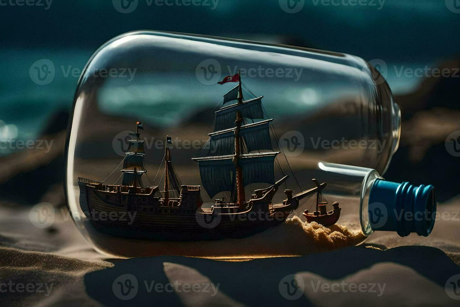 ship in a bottle, sand, beach, ocean, sand, sand dunes, sand,. AI-Generated photo