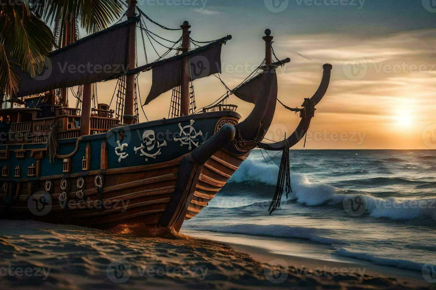 a pirate ship on the beach at sunset. AI-Generated photo