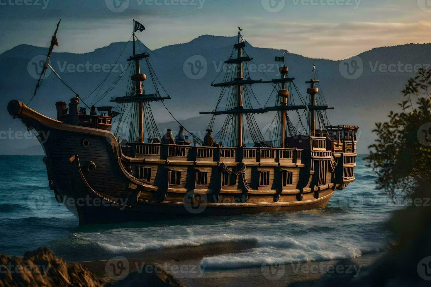 a pirate ship is sailing on the ocean. AI-Generated photo