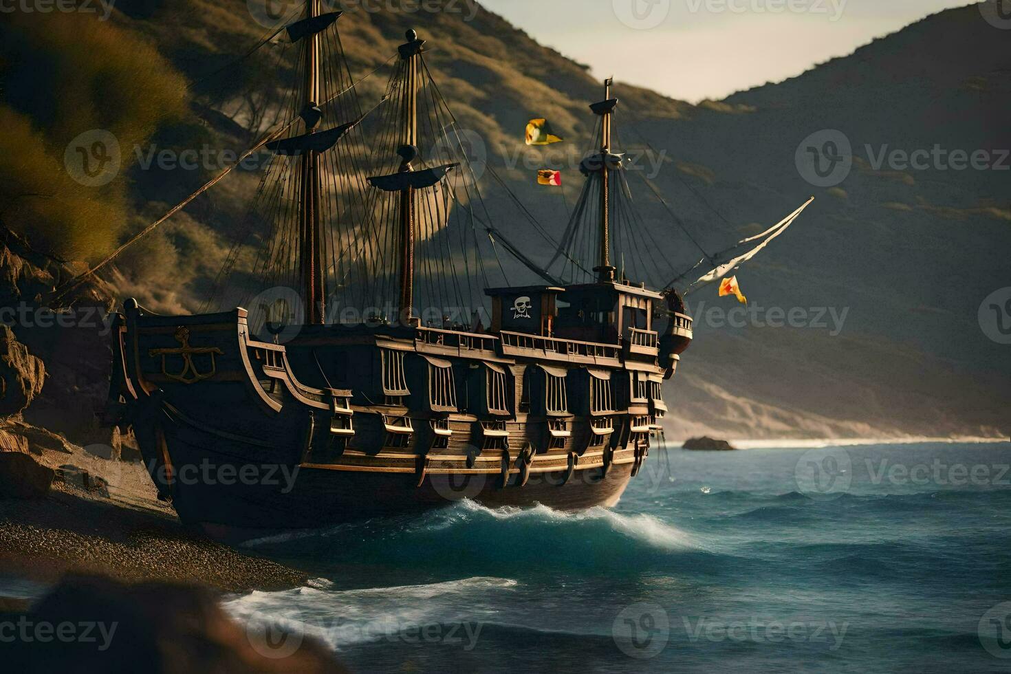 a pirate ship is on the beach near the ocean. AI-Generated photo