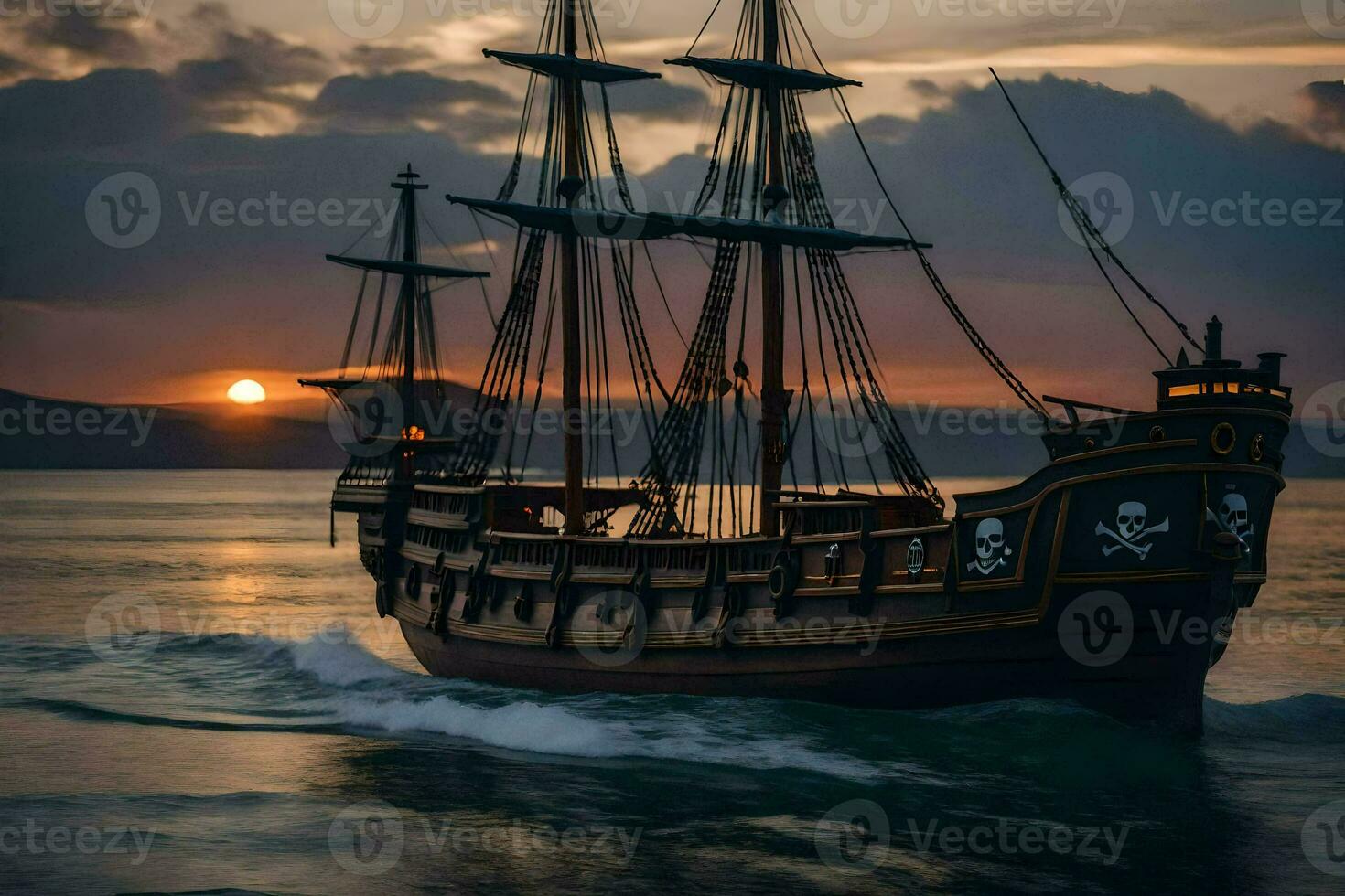 a pirate ship sailing in the ocean at sunset. AI-Generated photo