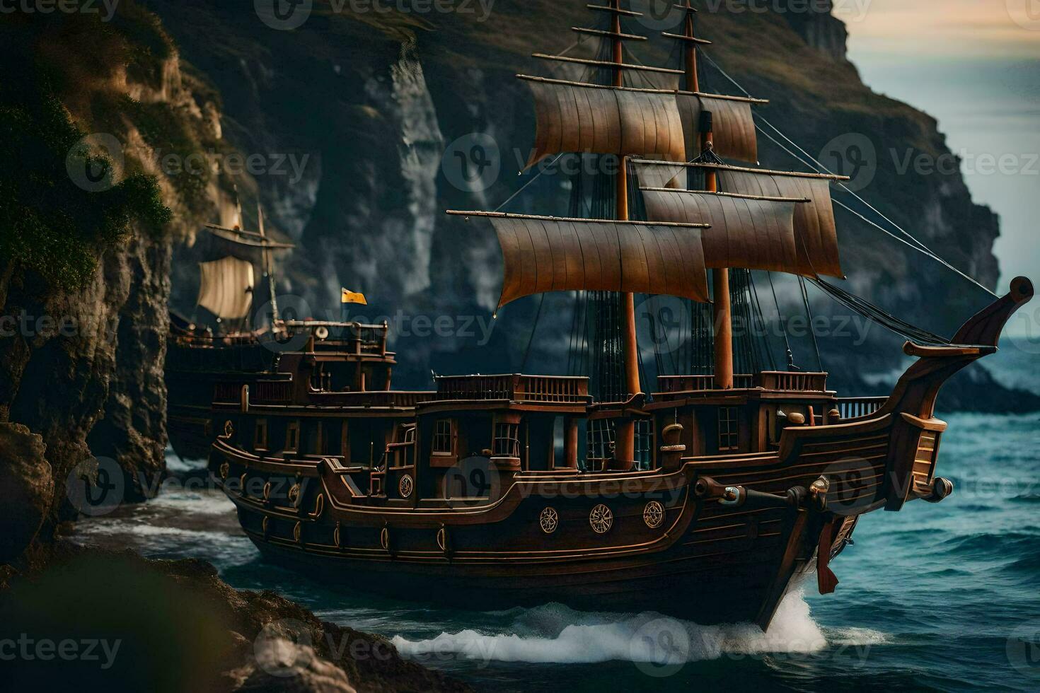 a pirate ship in the ocean. AI-Generated photo