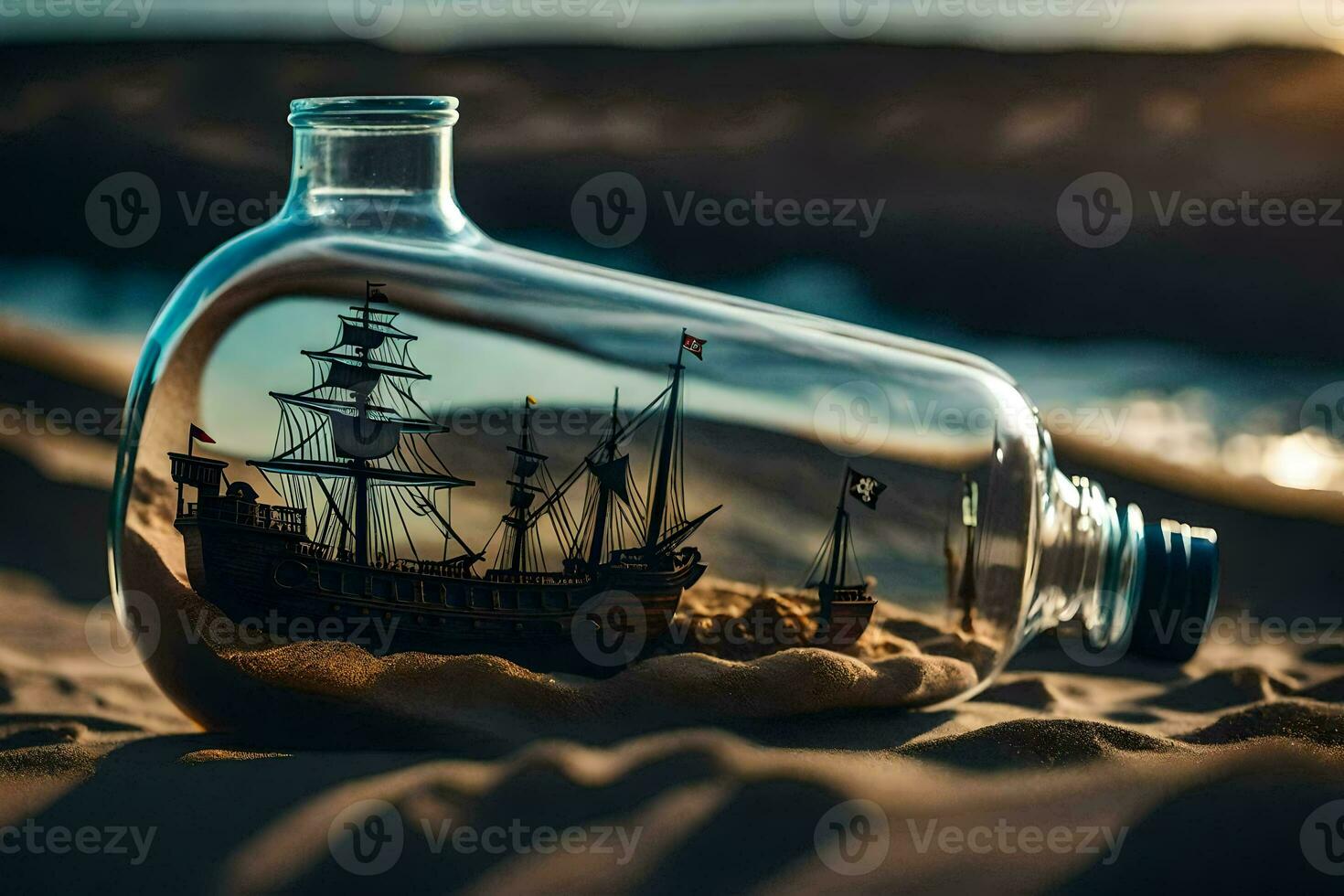 a bottle with a ship inside of it on the beach. AI-Generated photo