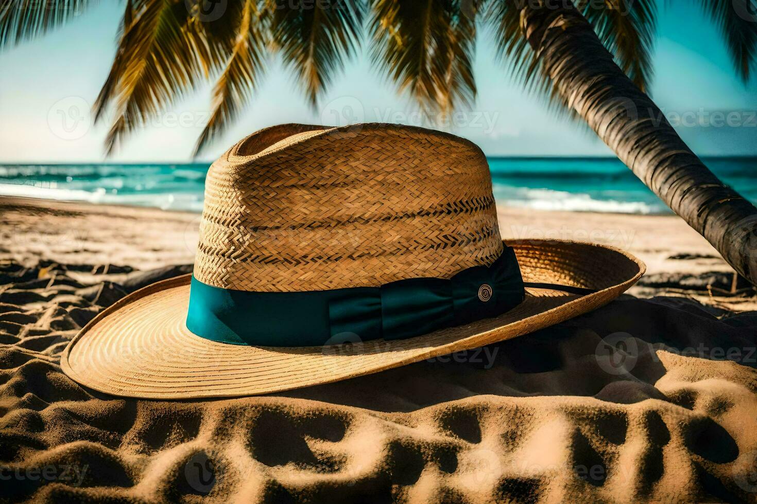 a straw hat on the beach with palm trees. AI-Generated photo