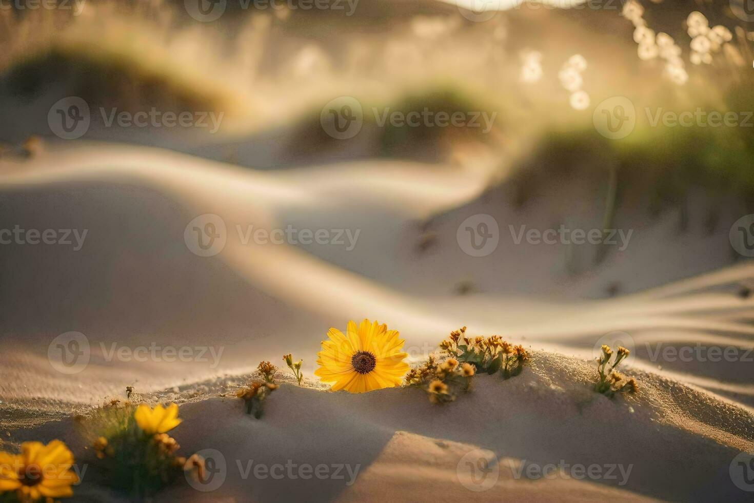 a yellow flower in the sand. AI-Generated photo