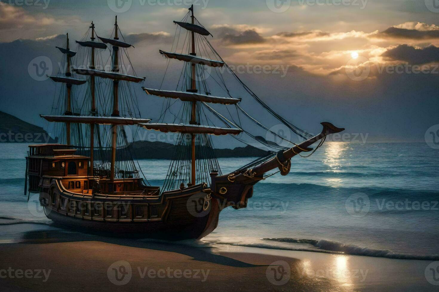 a pirate ship on the beach at sunset. AI-Generated photo