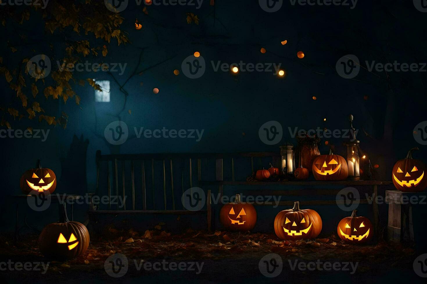 halloween pumpkins on a bench in the dark. AI-Generated photo