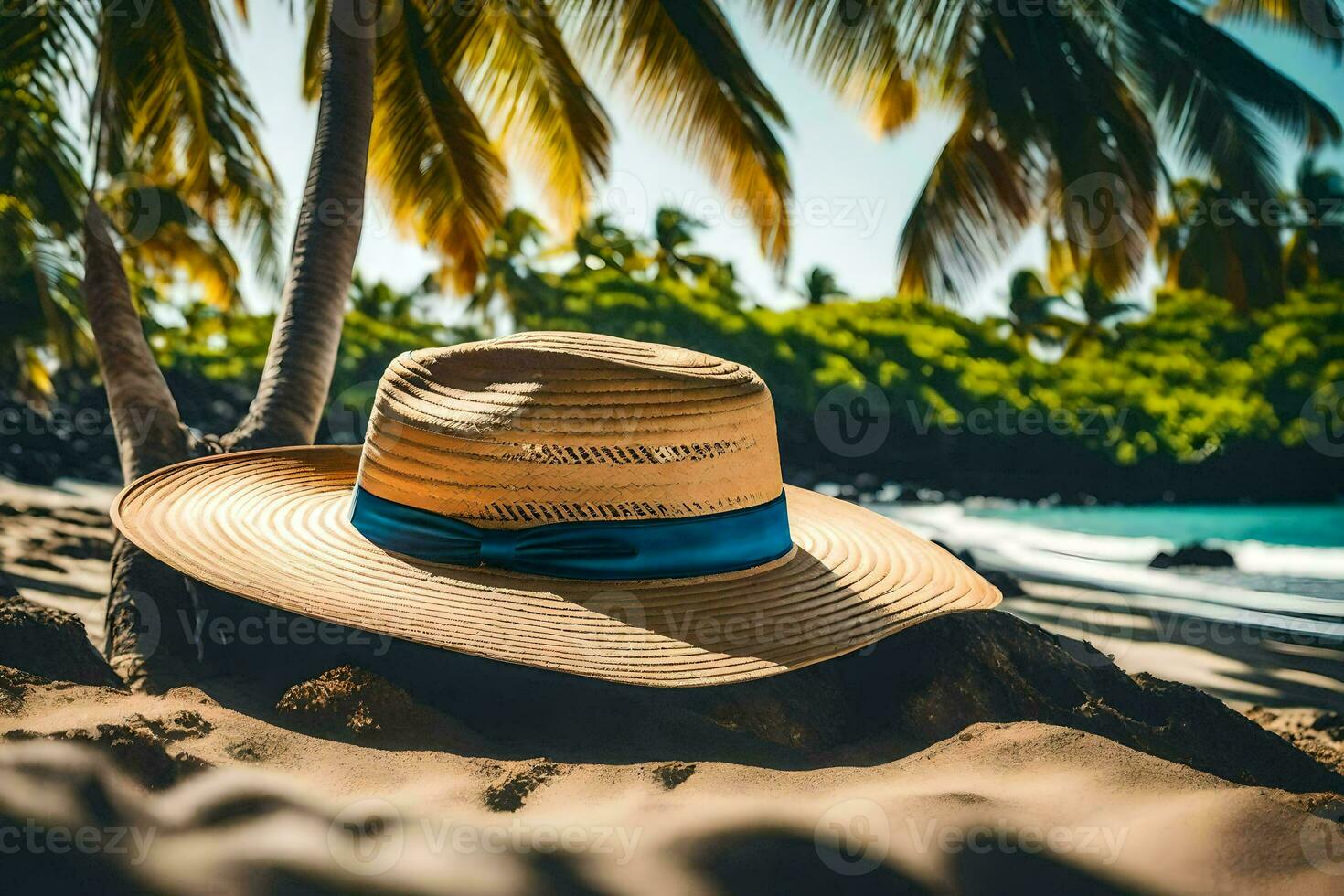a hat sits on the sand near palm trees. AI-Generated photo