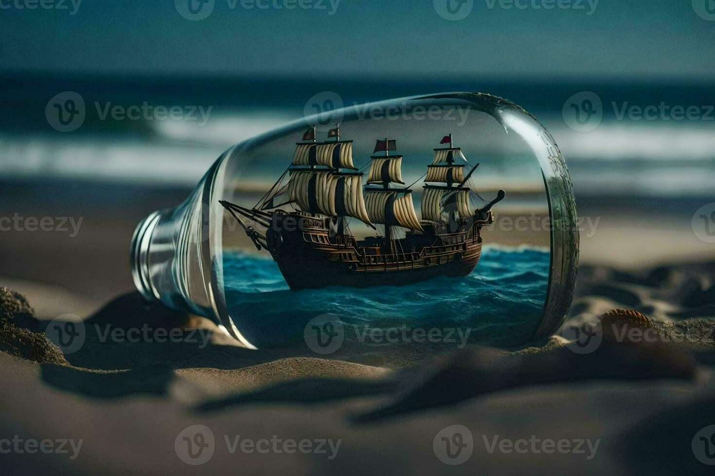 a ship in a bottle on the beach. AI-Generated photo