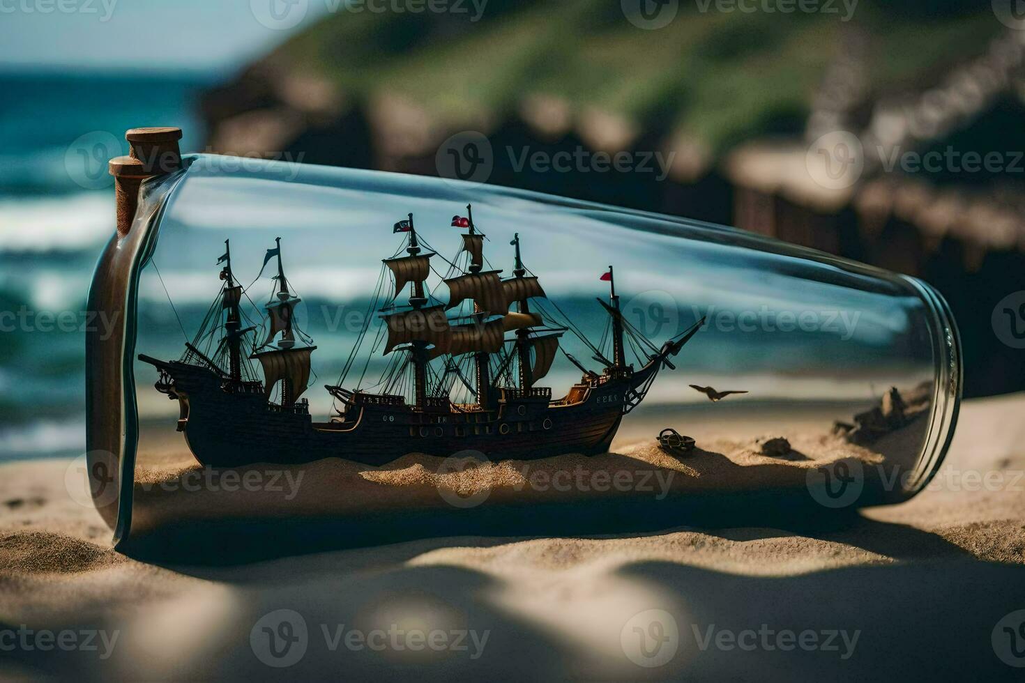 a ship in a bottle on the beach. AI-Generated photo