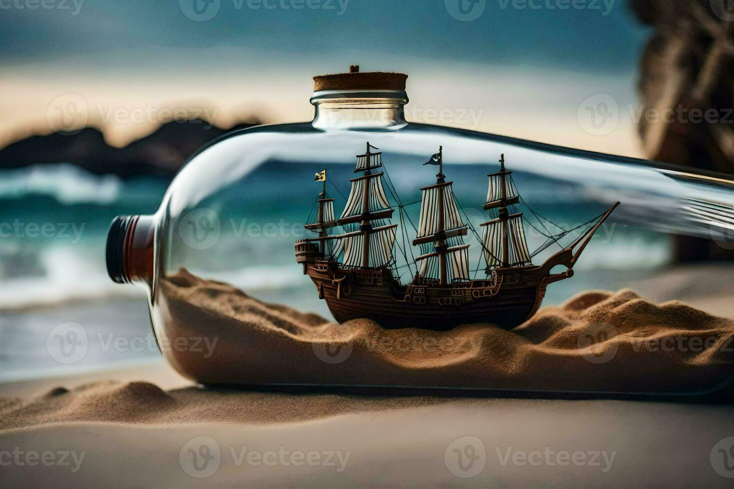 a ship in a bottle on the beach. AI-Generated photo