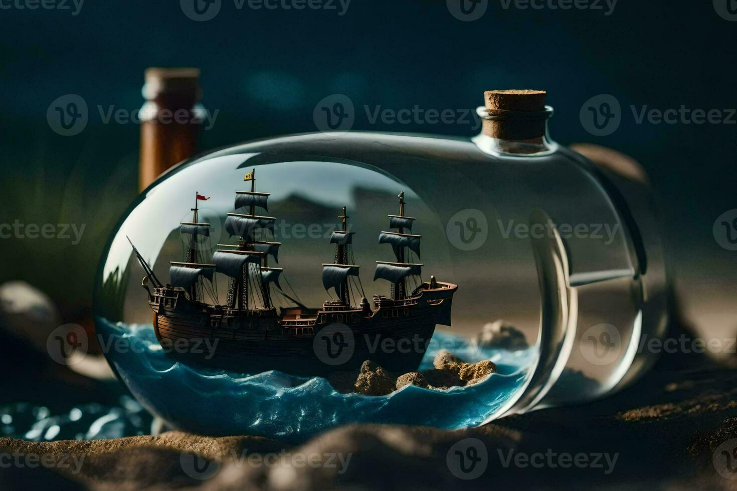 a ship in a bottle on a beach with a bottle of rum. AI-Generated photo