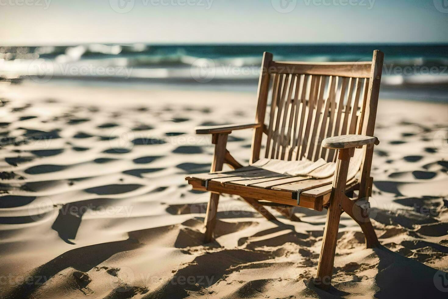 a wooden chair sits on the beach in front of the ocean. AI-Generated photo