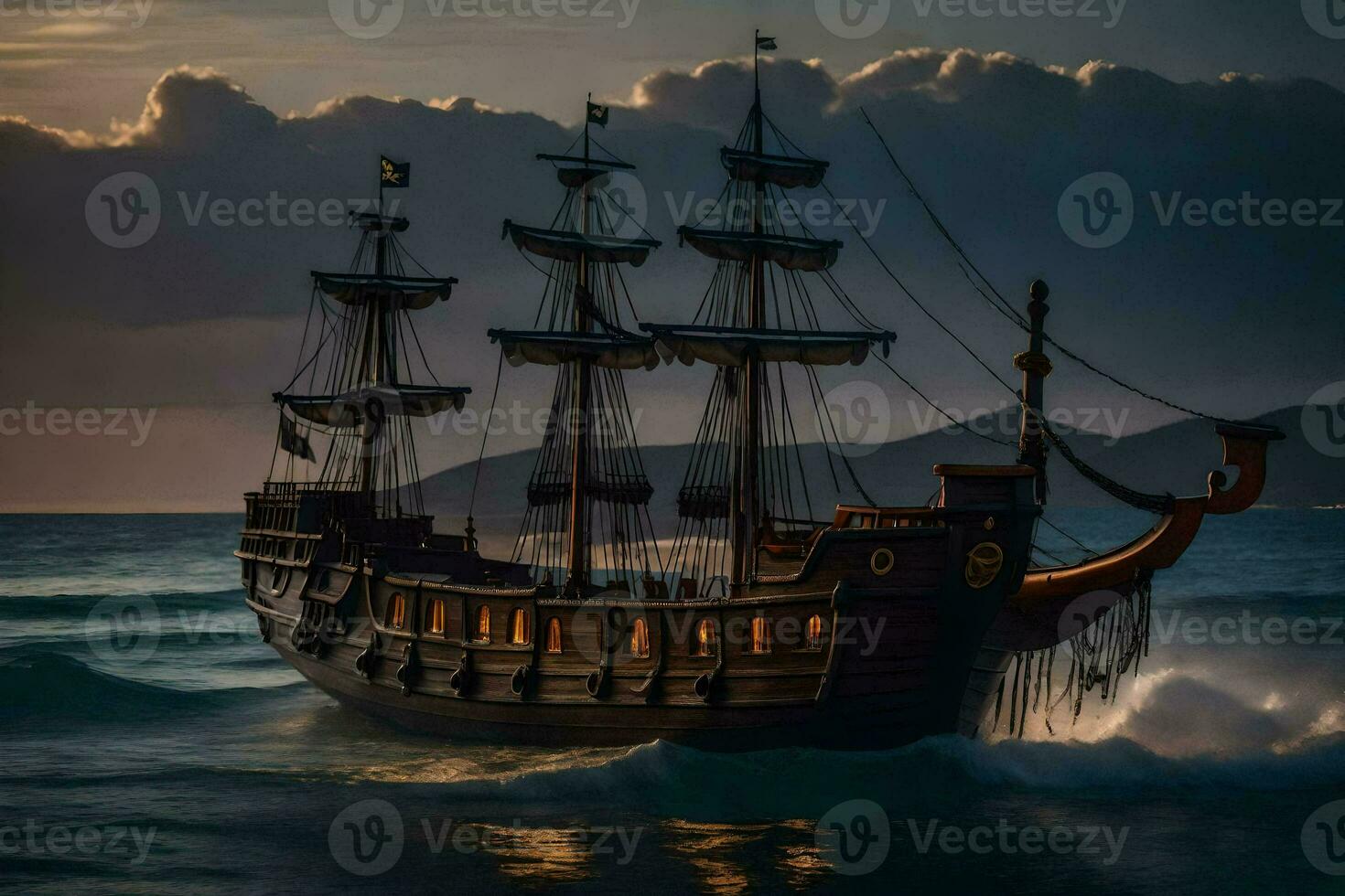 a pirate ship in the ocean at sunset. AI-Generated photo
