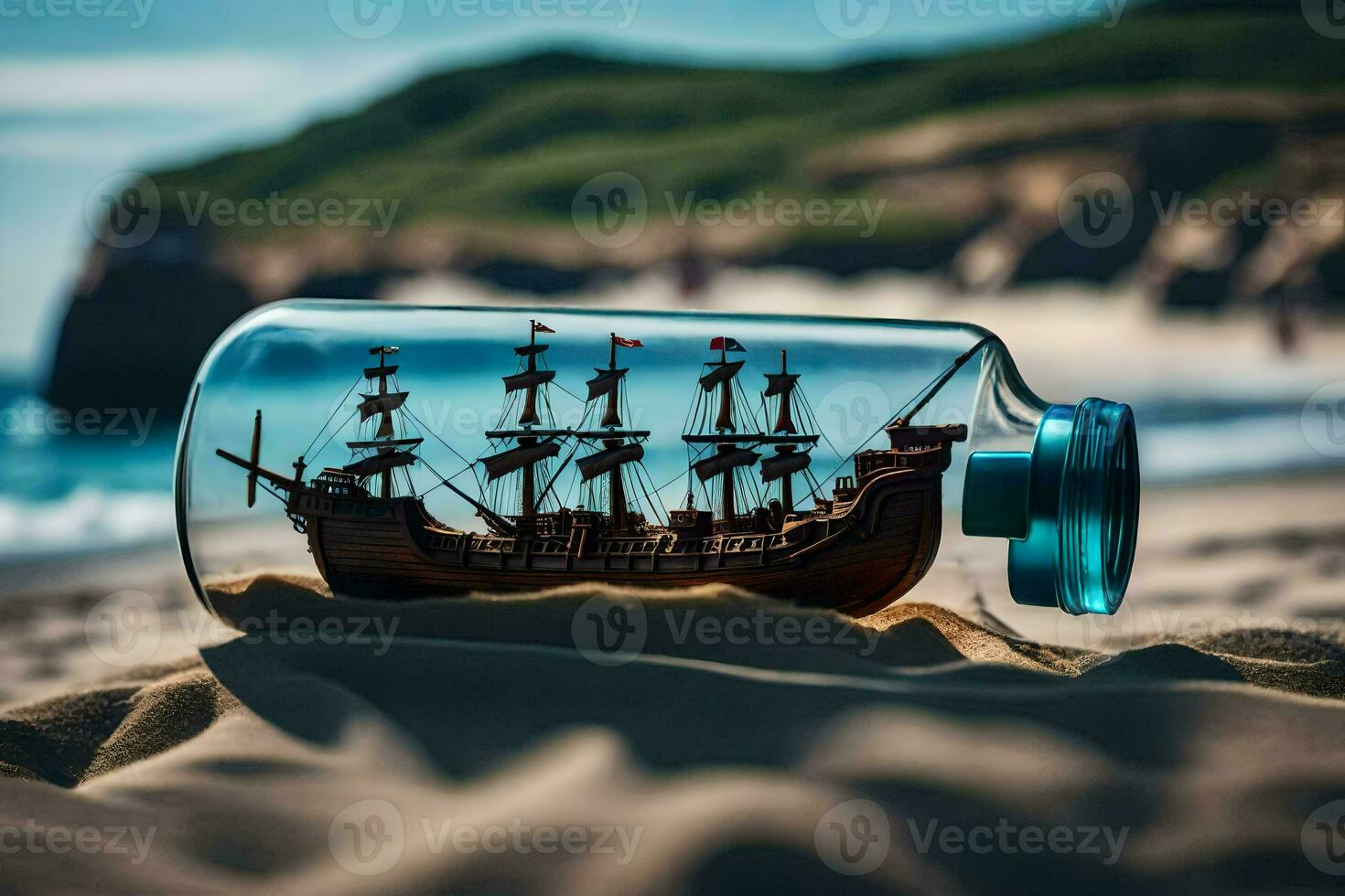 a ship in a bottle on the beach. AI-Generated photo