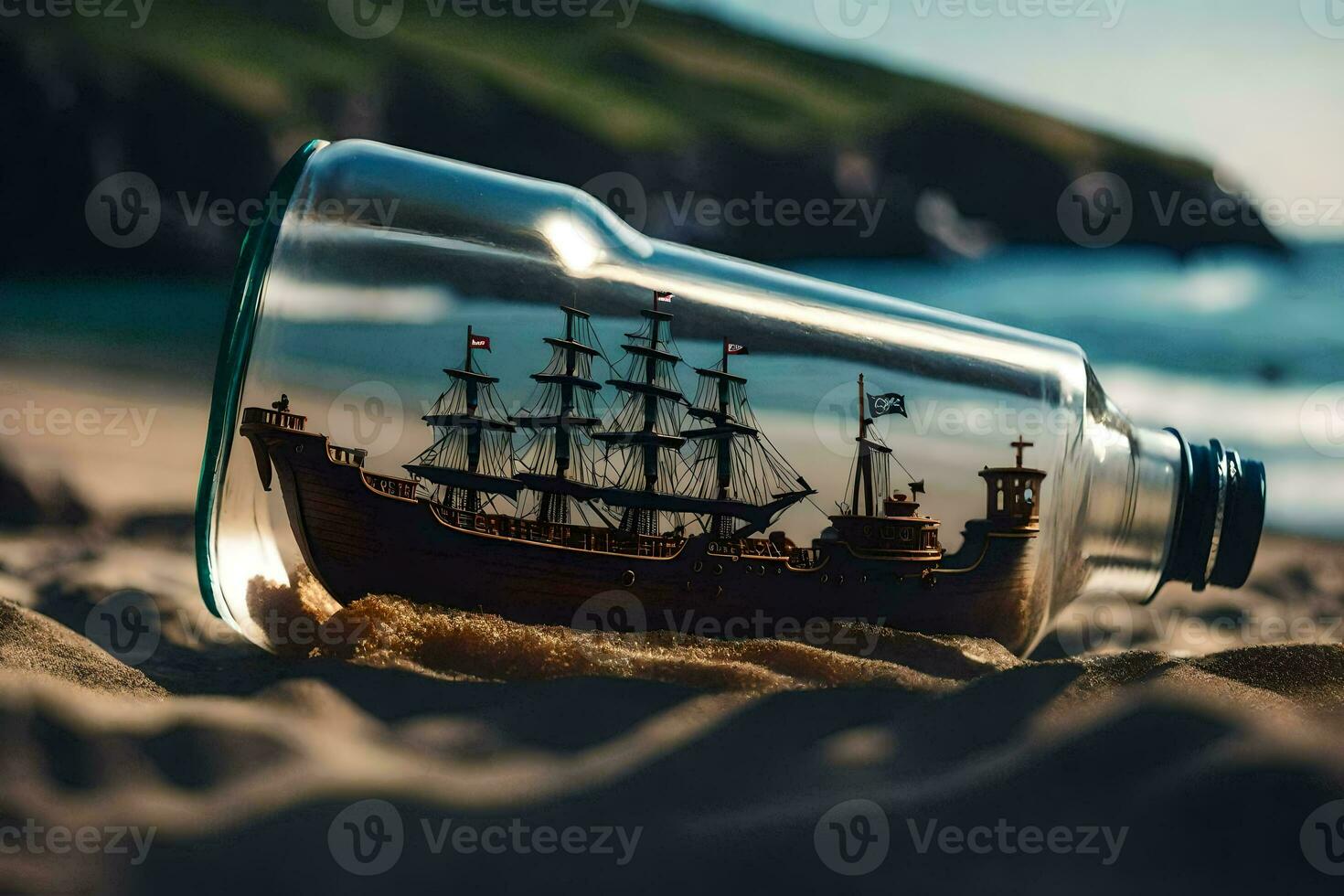 a ship in a bottle on the beach. AI-Generated photo