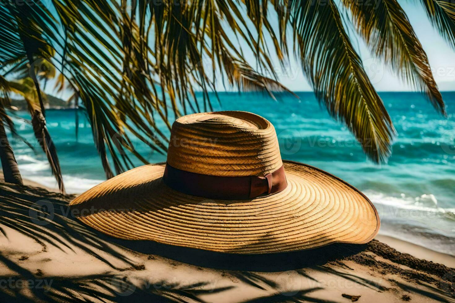 a hat on the beach with palm trees. AI-Generated photo