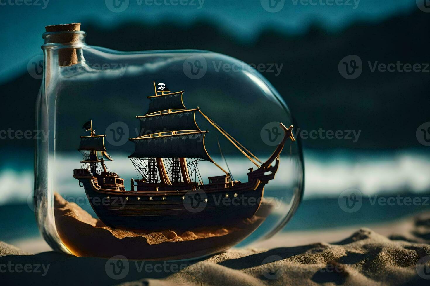 a ship in a bottle on the beach. AI-Generated photo
