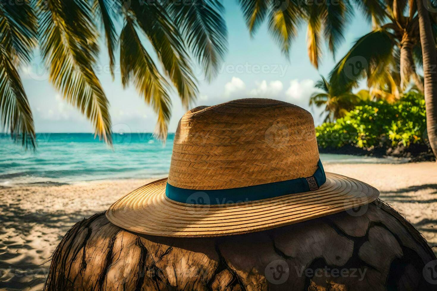 a straw hat on a coconut tree on the beach. AI-Generated photo