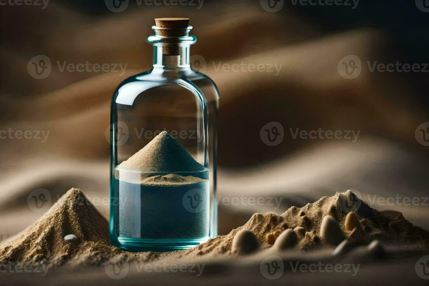 a bottle of sand with a pyramid inside. AI-Generated photo