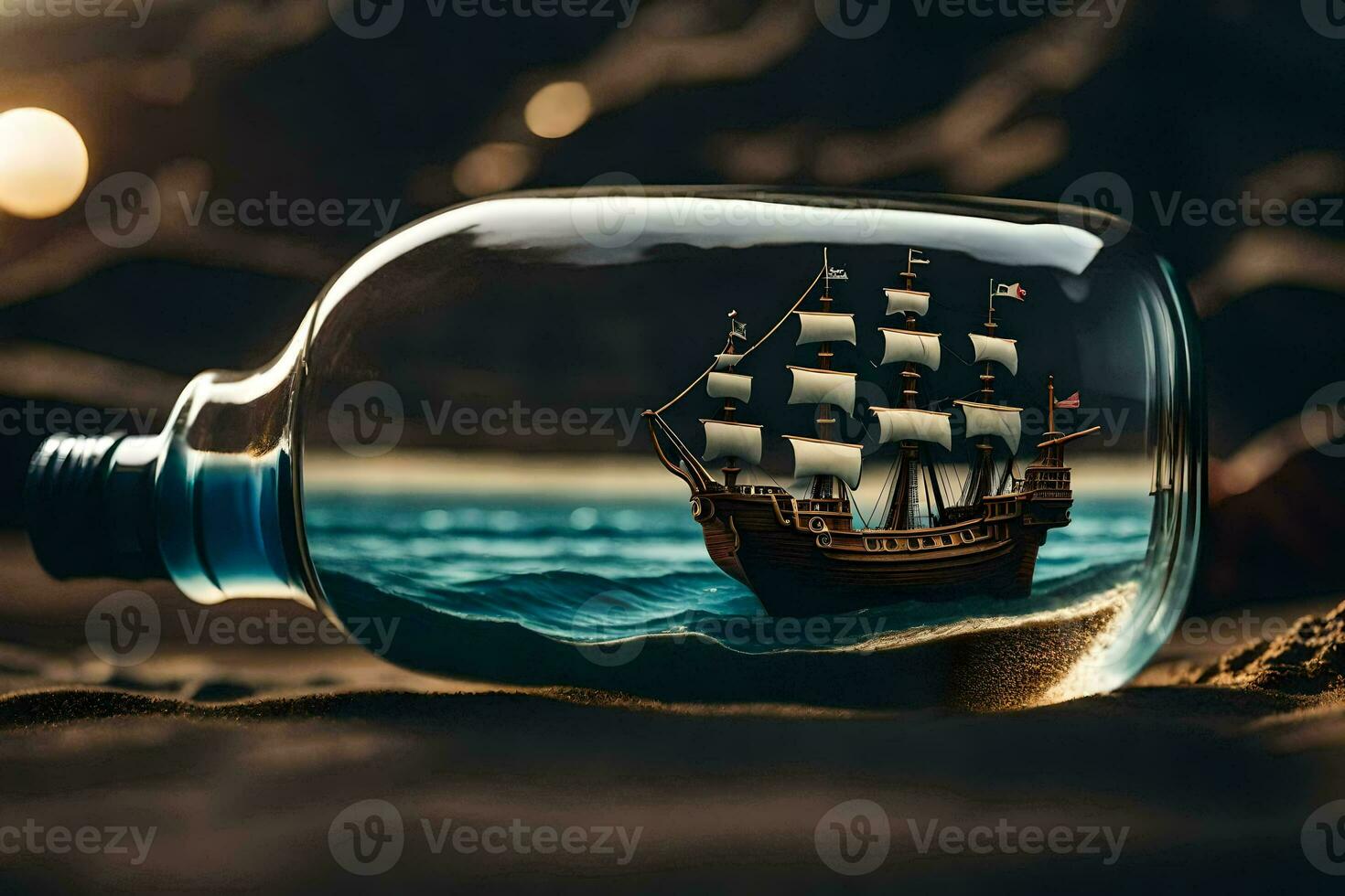 ship in a bottle, ocean, water, sand, sunset, sunset, ocean, ship,. AI-Generated photo