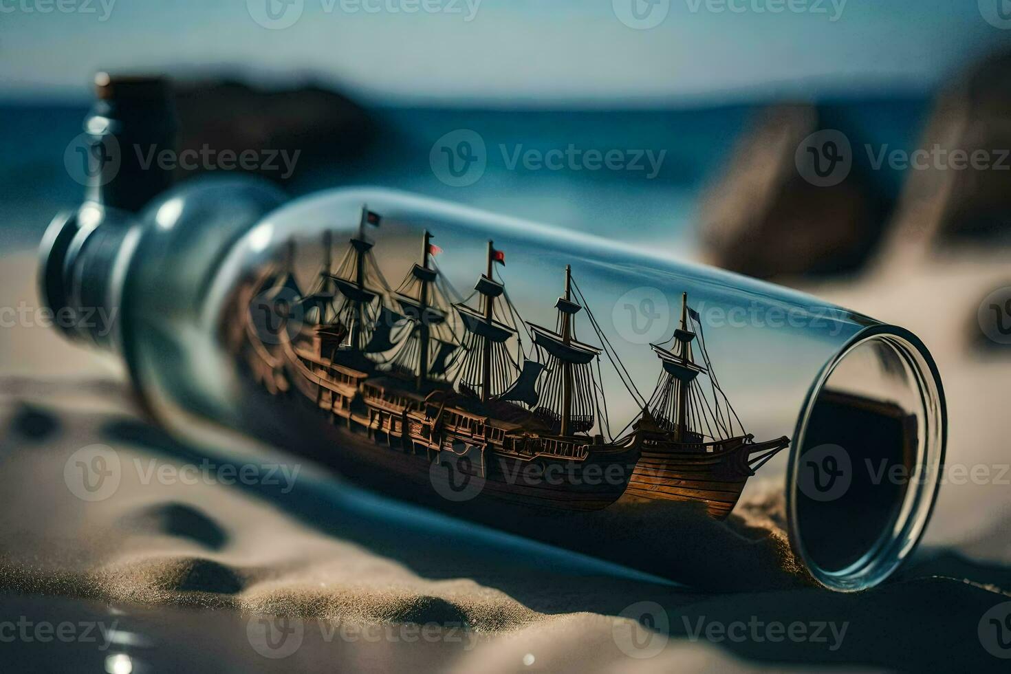 a bottle with a ship inside of it on the beach. AI-Generated photo