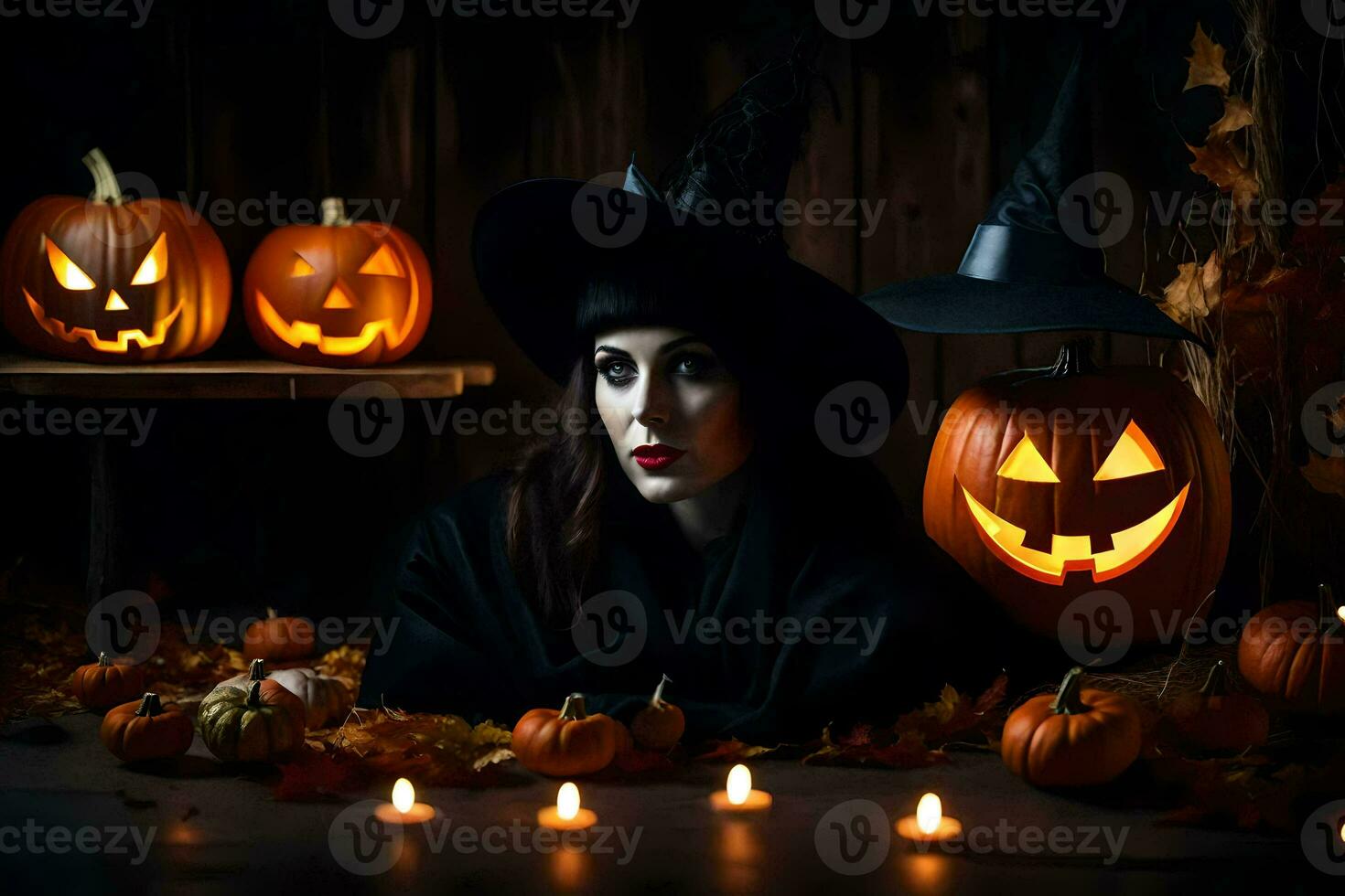 a woman in a witch hat and hat surrounded by pumpkins. AI-Generated photo