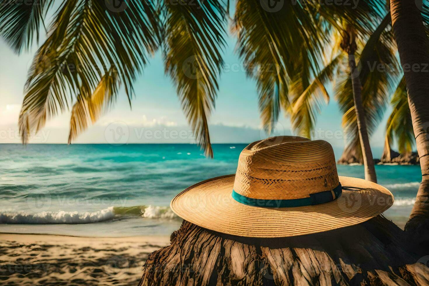a straw hat on a palm tree on the beach. AI-Generated photo