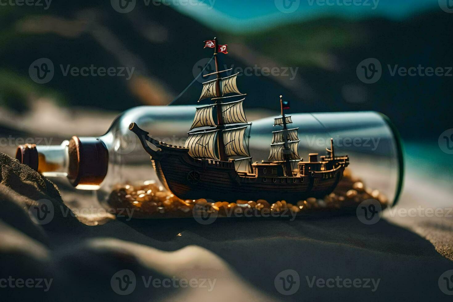 a ship in a bottle on the beach. AI-Generated photo