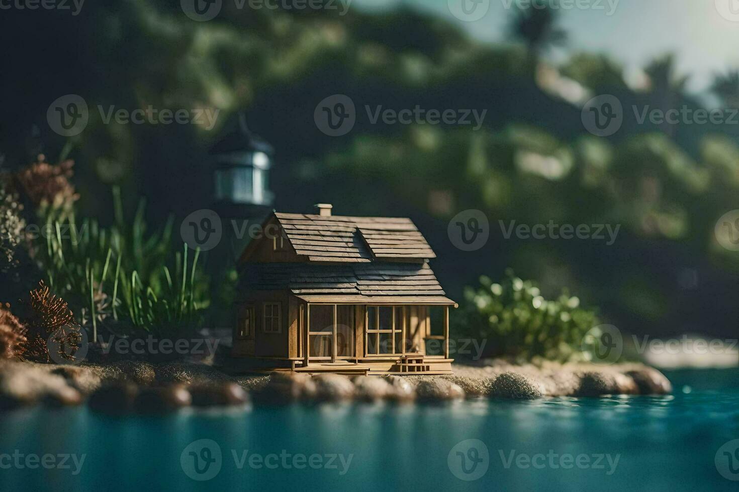 minúsculo casa en el lago. generado por ai foto