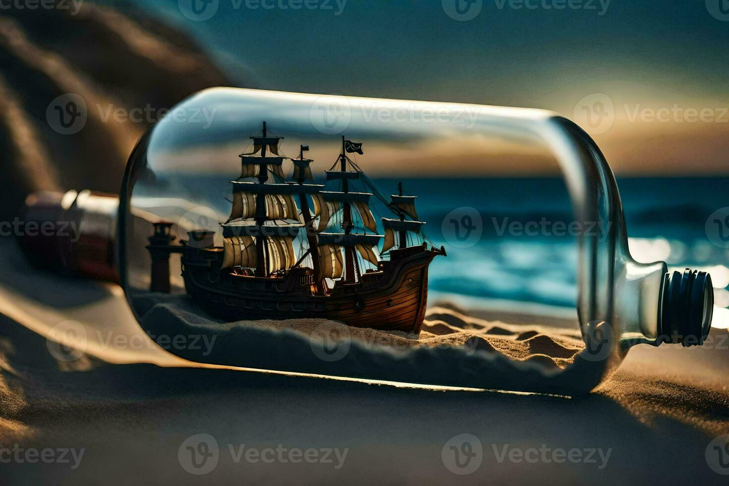 ship in a bottle, sand, beach, ocean, sand, sand dunes, ship,. AI-Generated photo