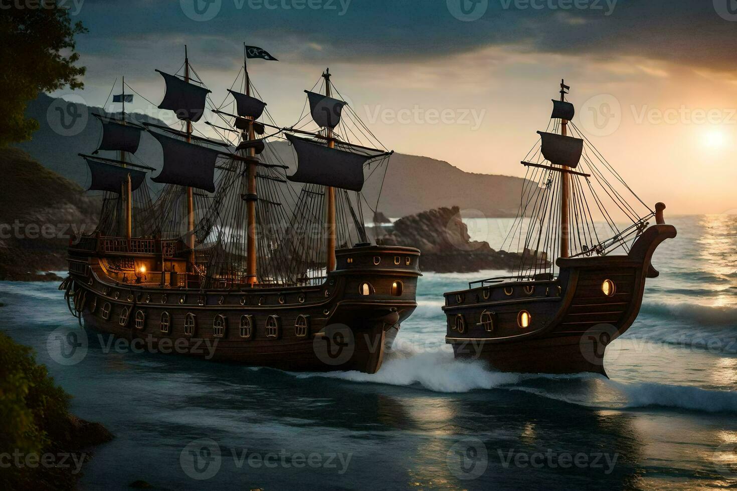 two pirate ships in the ocean at sunset. AI-Generated photo