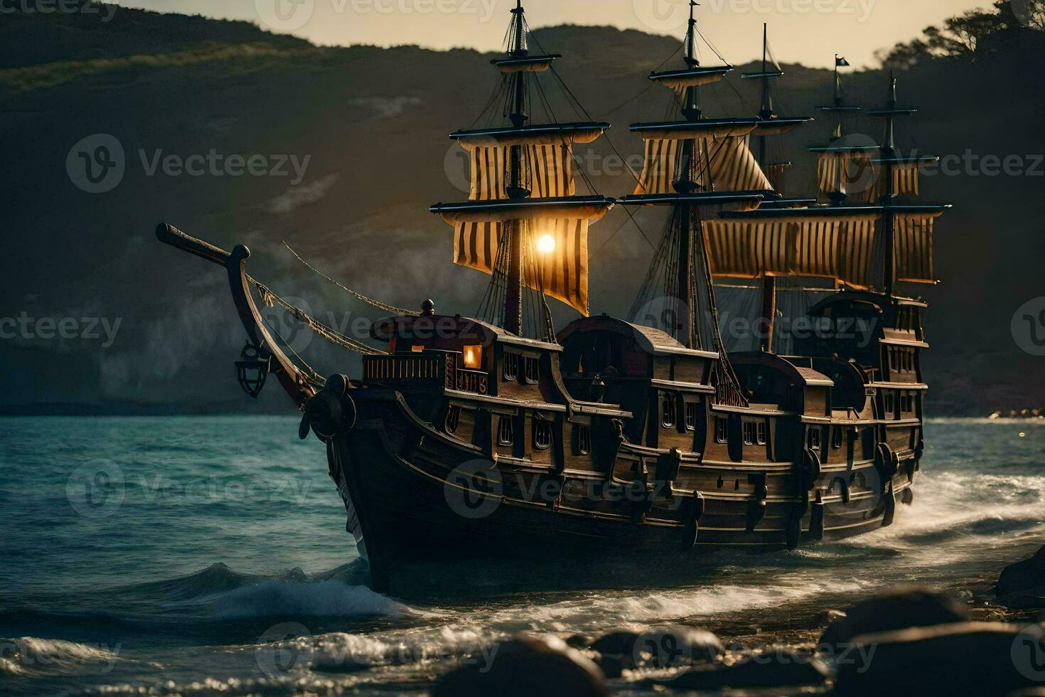 a pirate ship is sailing on the ocean. AI-Generated photo