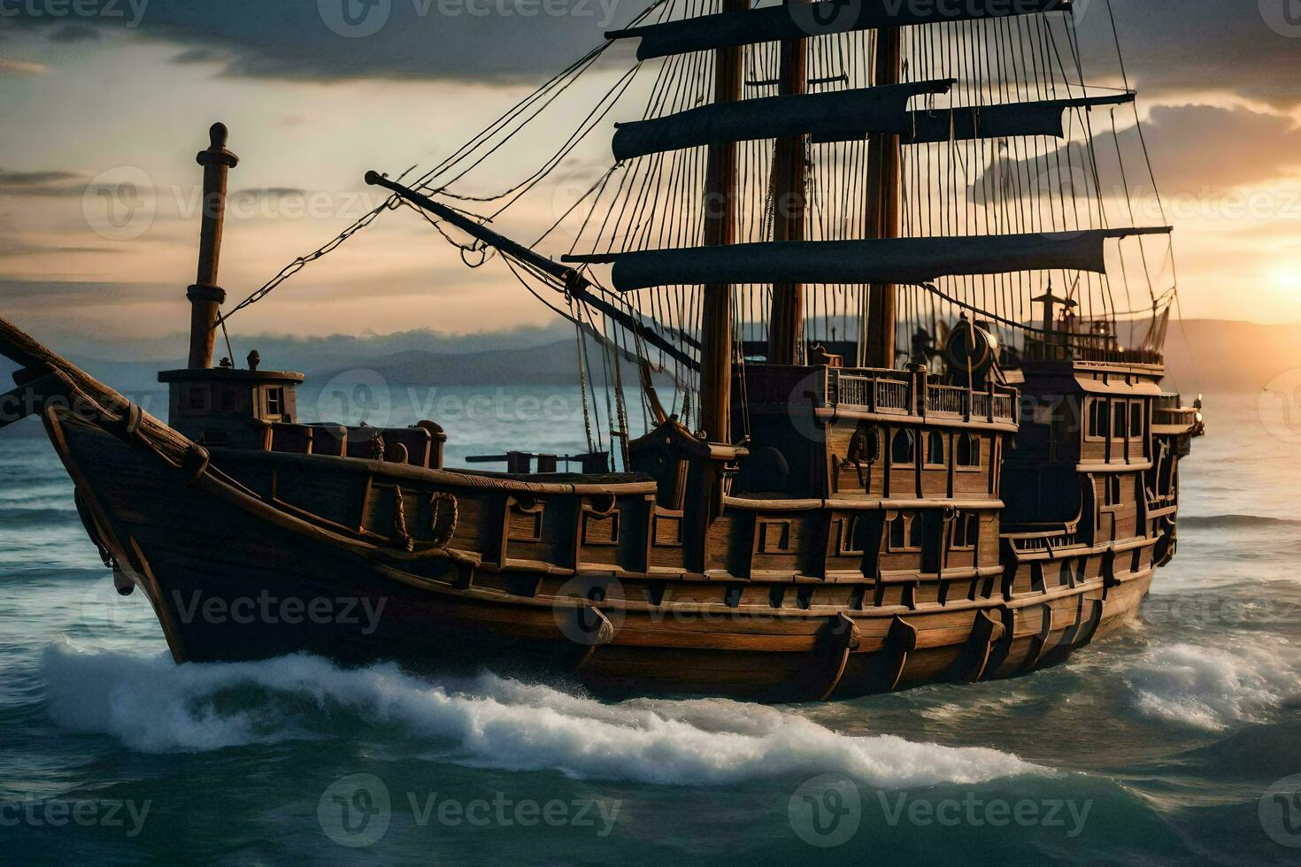 a wooden ship in the ocean at sunset. AI-Generated photo