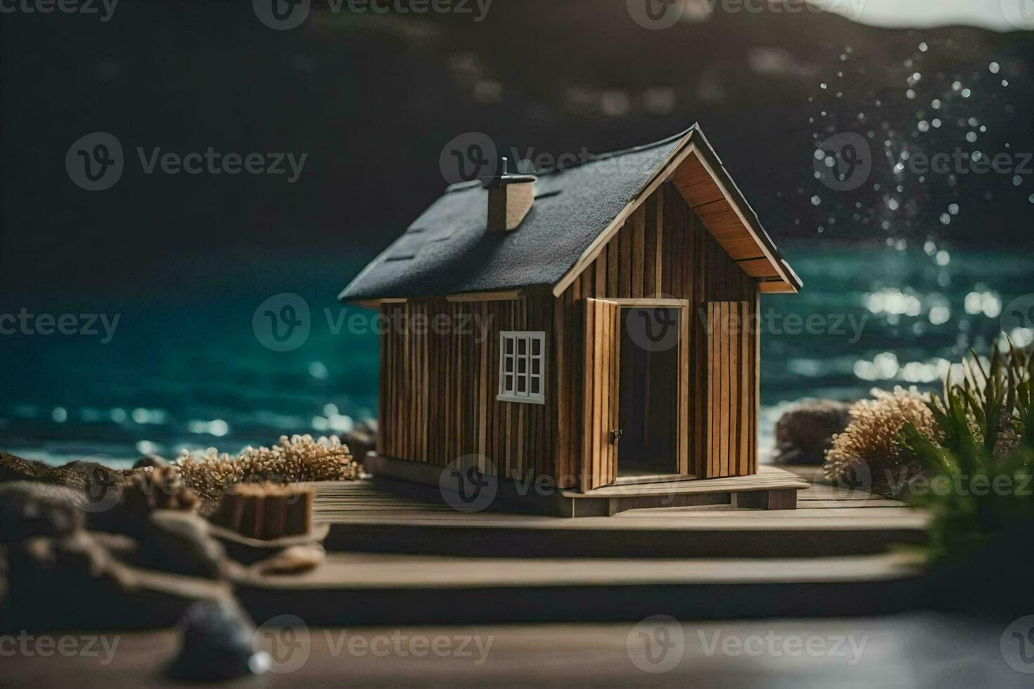 un miniatura casa en un de madera plataforma por el agua. generado por ai foto