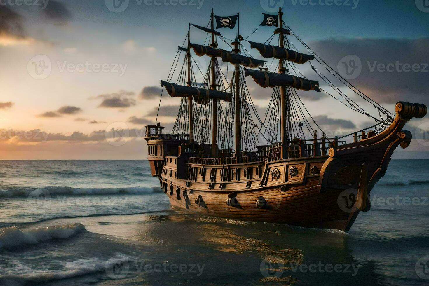 a pirate ship is in the ocean at sunset. AI-Generated photo