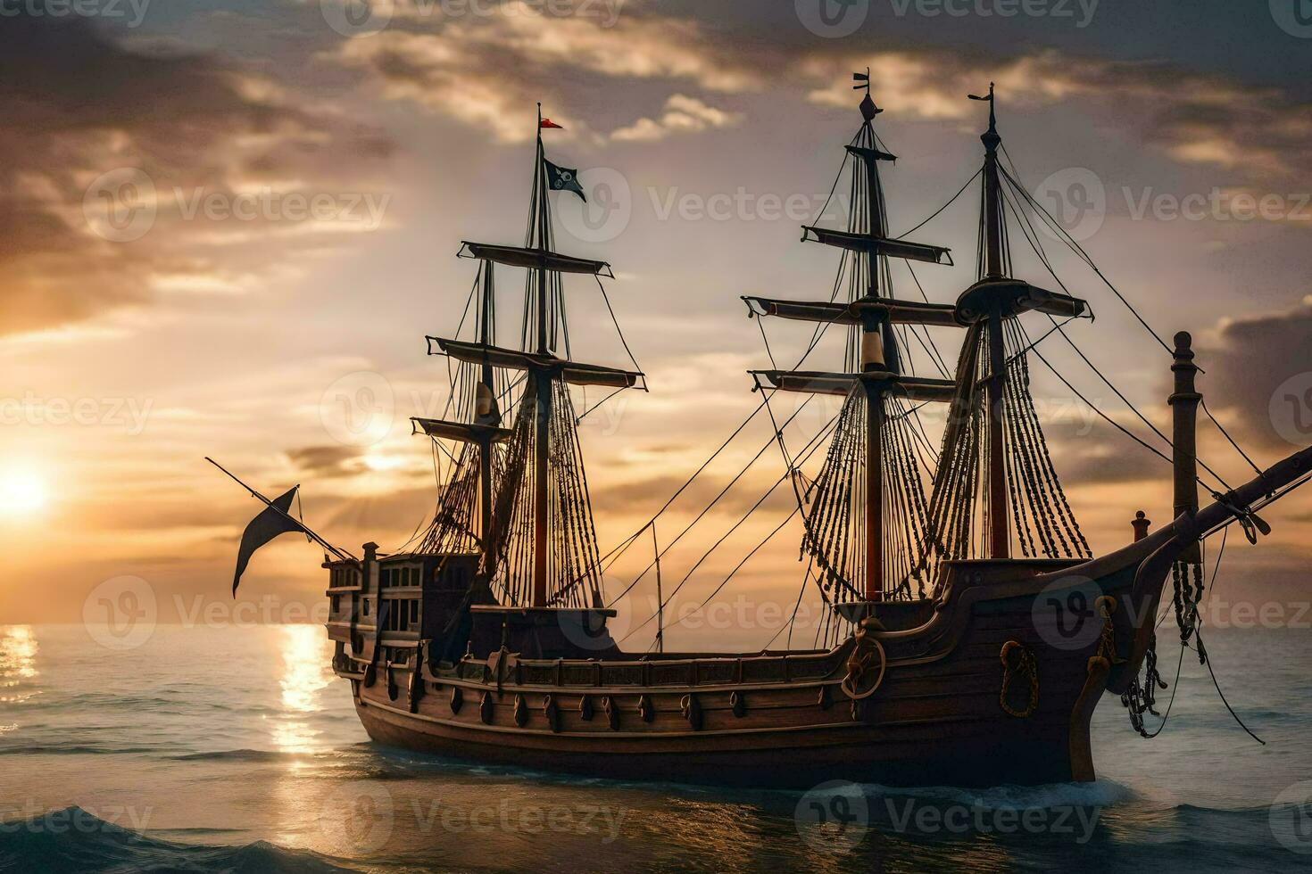 a pirate ship in the ocean at sunset. AI-Generated photo