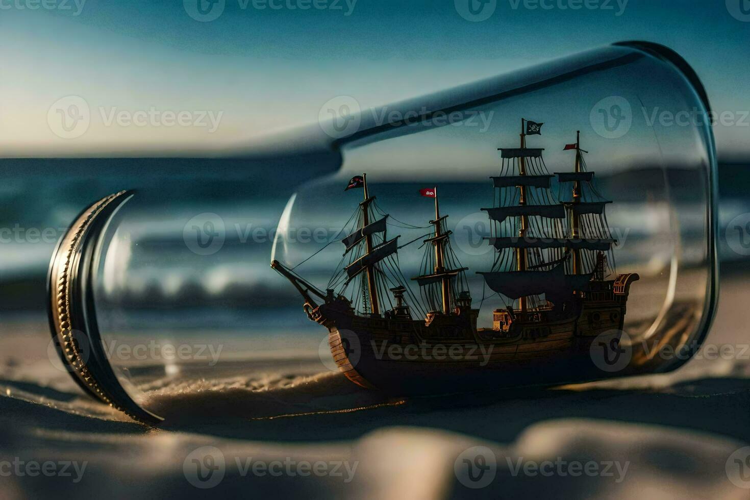 a ship in a bottle on the beach. AI-Generated photo