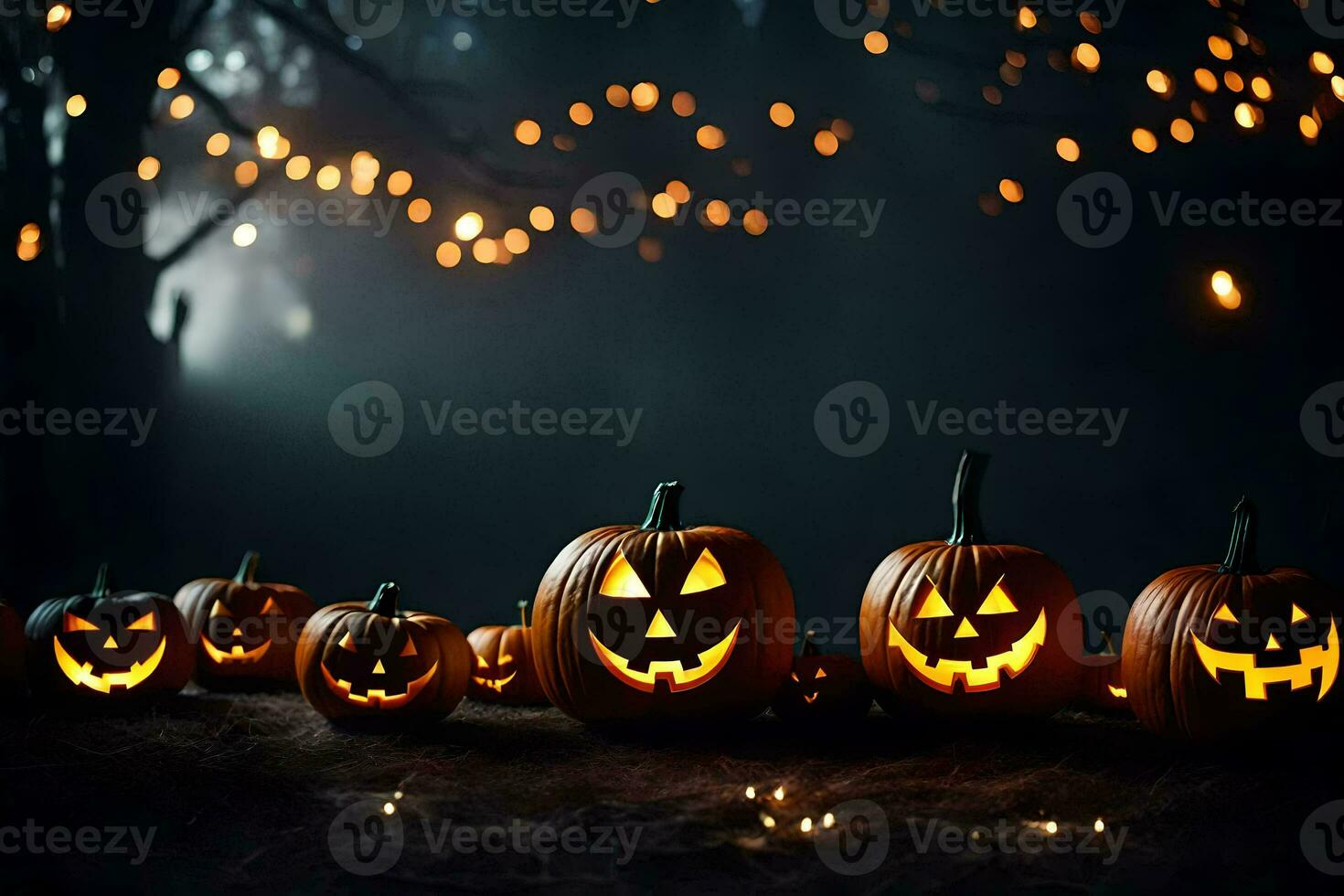 halloween pumpkins in the dark with lights. AI-Generated photo