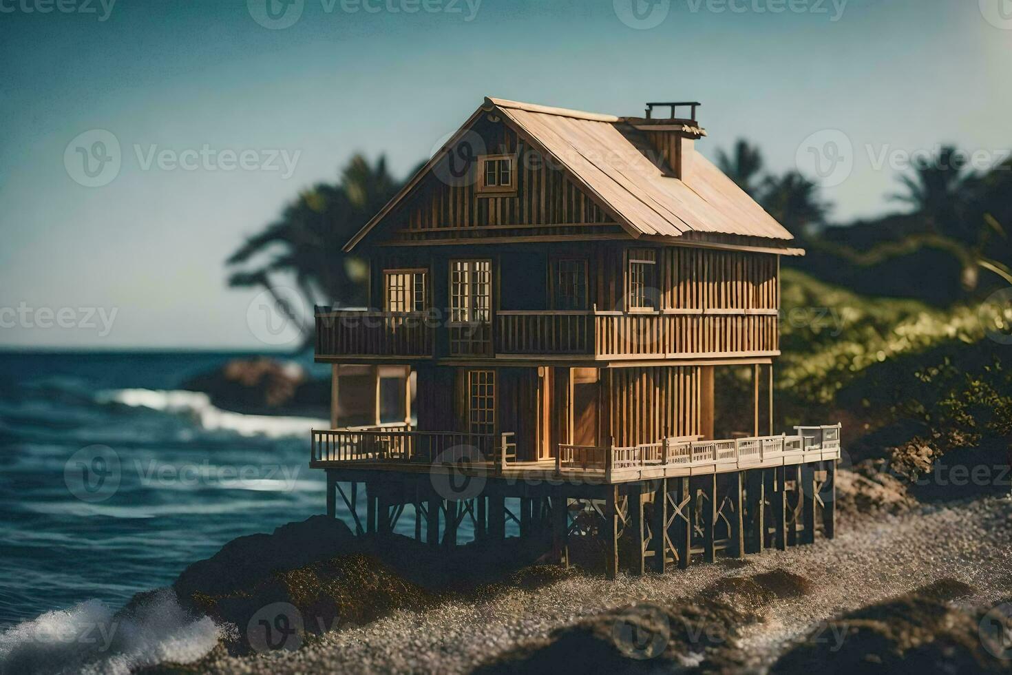 a miniature house on the beach by the ocean. AI-Generated photo