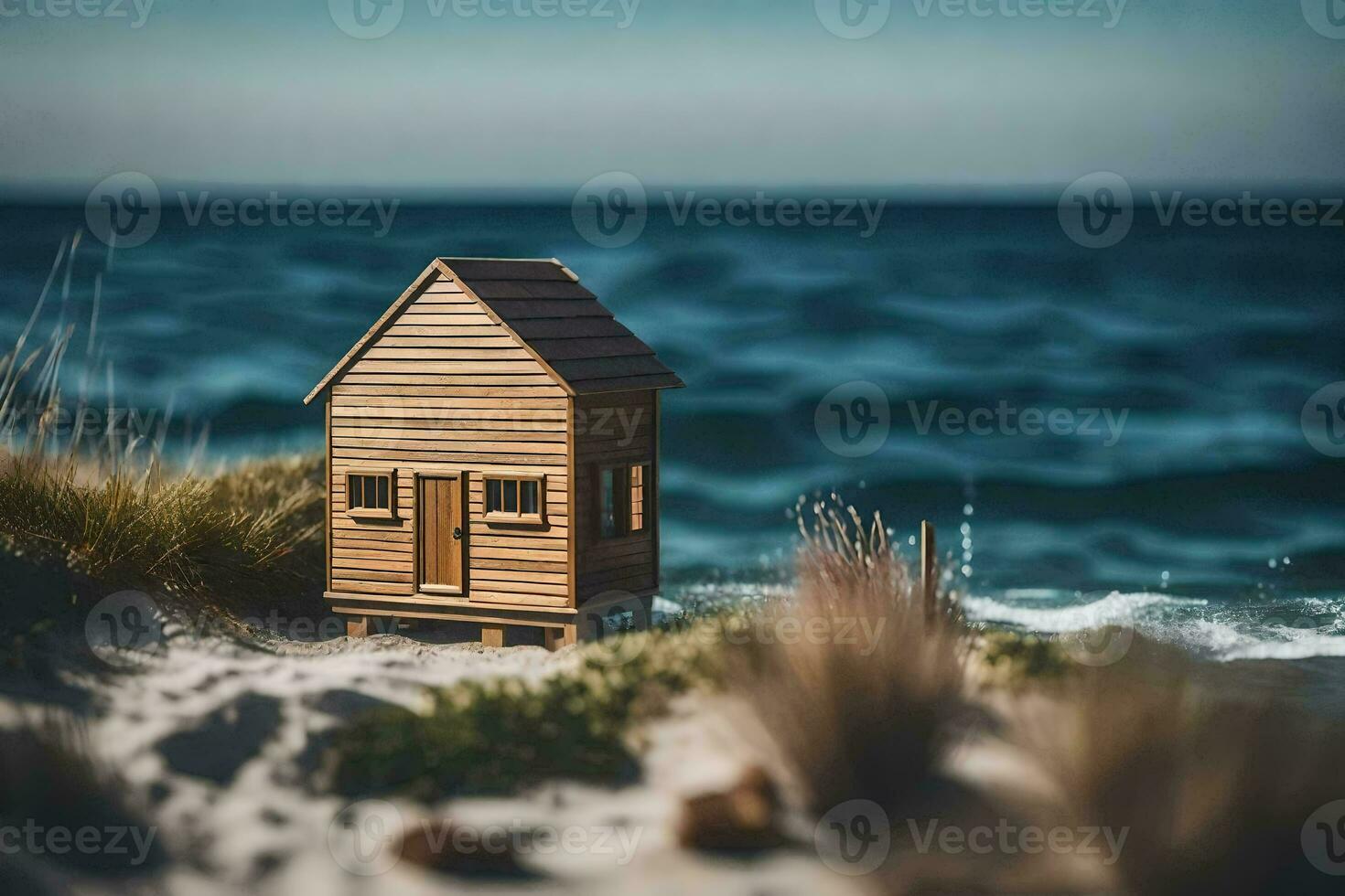 a miniature wooden house sits on the beach near the ocean. AI-Generated photo