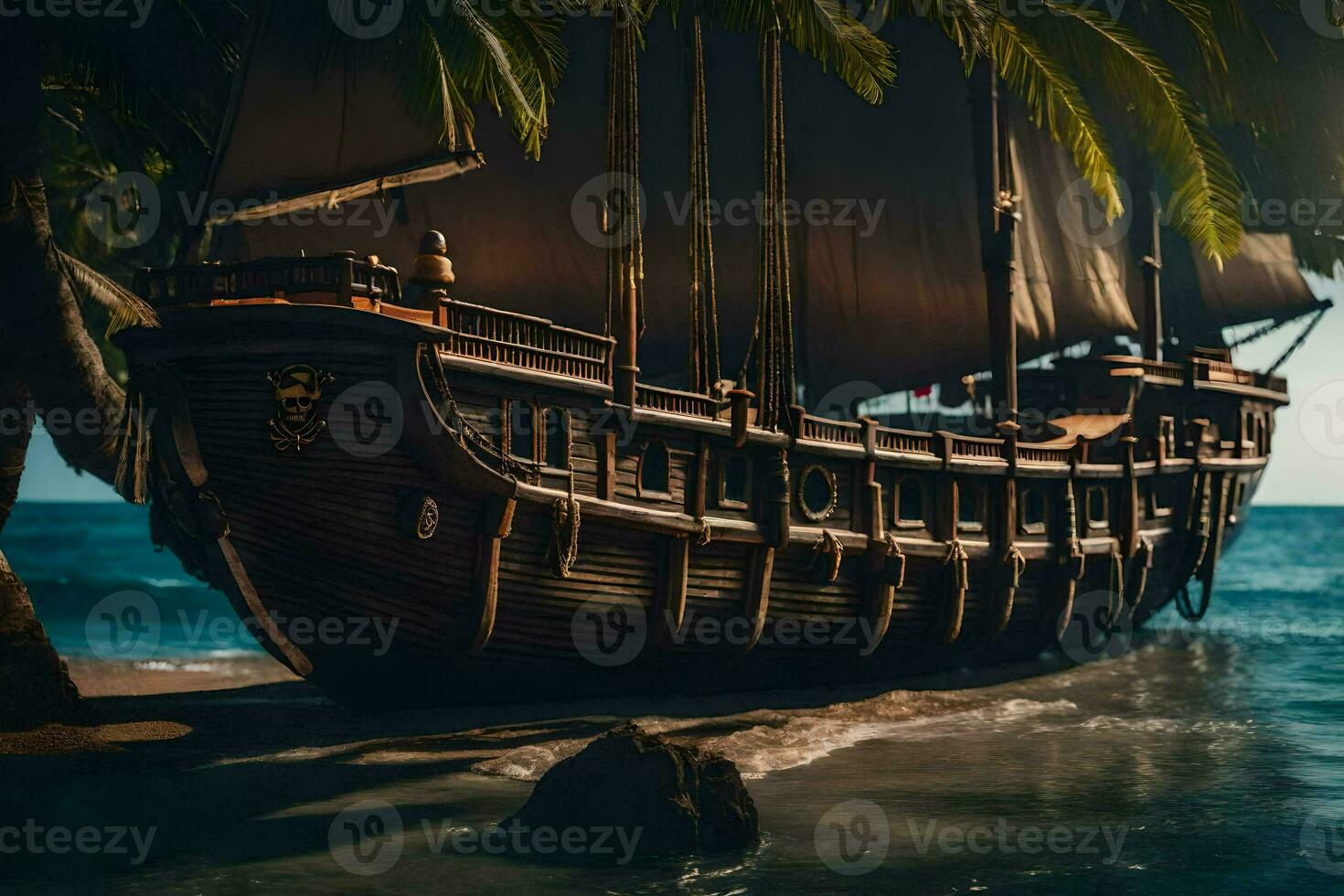 a pirate ship is on the beach near palm trees. AI-Generated photo